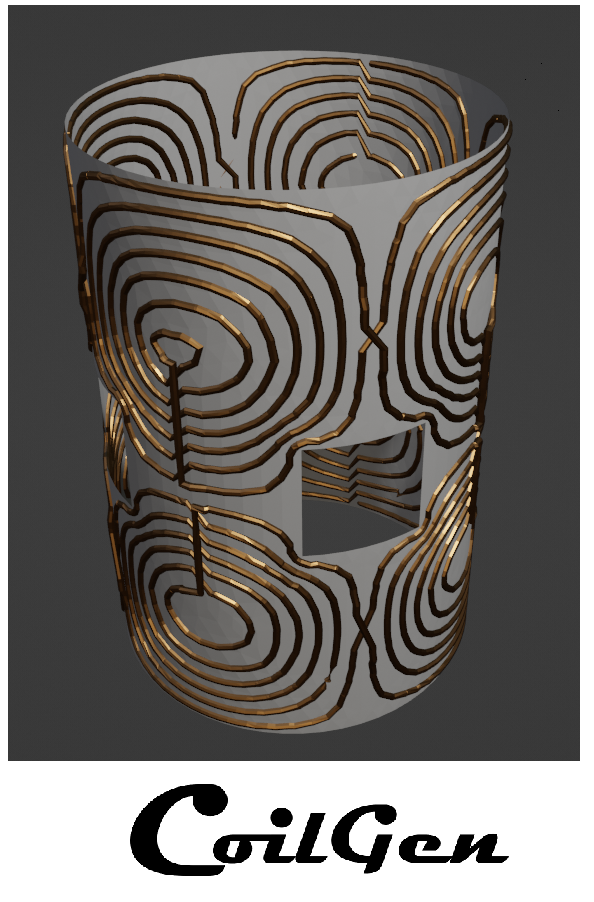 Original CoilGen design showing connected copper-colored winding paths on a cylindrical support surface